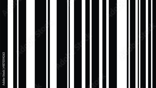 Abstract black and white barcode pattern with vertical stripes, minimalist geometric line art design, modern monochromatic texture for digital background