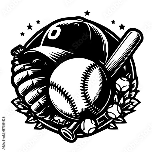 baseball ball and bat , vector illustration of a baseball , silhouette of a baseball 