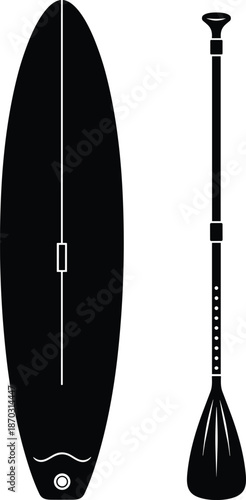 Black stand up paddleboard and paddle silhouette vector icon isolated on white background, minimalist summer water sports graphic for branding,