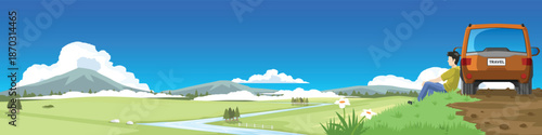 Young man traveler sitting on grass near orange SUV car looking at beautiful mountain landscape with river. Summer road trip vacation and adventure travel concept vector illustration.
