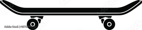 Black skateboard silhouette vector icon isolated on white background, minimalist street culture graphic, side view deck for extreme sports branding,