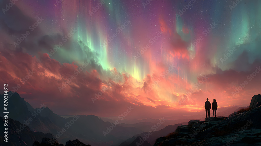 Fototapeta premium The couple standing on a rock against stars with a northern light. time lapse
