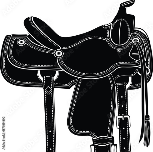Detailed black and white Western horse saddle silhouette vector illustration isolated on white background, professional equestrian gear for horseback riding,
