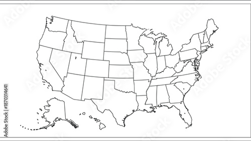 Hand Drawn Simple Outline Map of the United States of America with State Borders Alaska and Hawaii on White Background