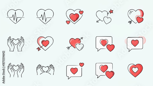 Collection of Heart Icons and Symbols for Love and Health.