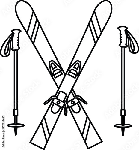 Minimalist black and white line art illustration of crossed snow skis and poles, isolated vector icon for winter mountain sports,
