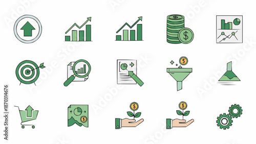 Collection of business and finance icons representing growth and success.