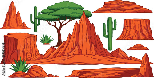 Desert Landscape Vector Set with Red Rock Formations, Cactus Plants, Trees, and Arid Terrain Elements for Nature and Adventure Illustrations