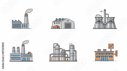 Collection of Industrial Factory Buildings and Structures Icons.