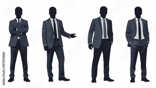 Four business men silhouettes in suits standing against white background.