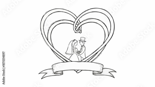 Wedding Couple Inside Heart Shape with Banner.