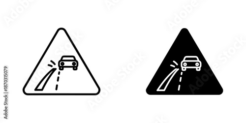 Two triangular road signs with car skidding symbols one white and one black