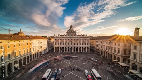 Piazza Ducale Time Lapse - A time lapse shot of the Piazza Ducale in Vigevano, Italy, depicts blurred people moving across the square with the historic Palazzo Ducale at the center, capturing the