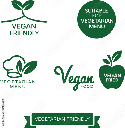 A collection of vegan and vegetarian friendly food labels and menu icons on a white background