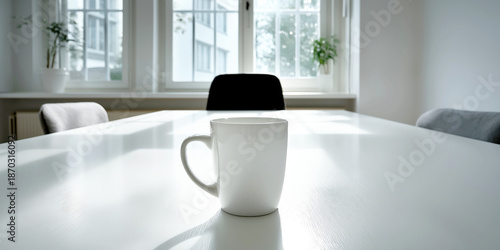 White Mug on Minimalist Table in Sunlit Office

