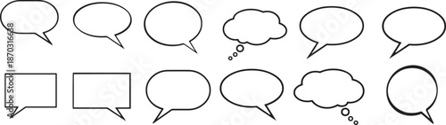 Black outline speech bubble icons set for communication design. Minimal line dialogue symbols for chat, messaging, and conversation concepts. Ideal for UI, web, apps, and infographics.