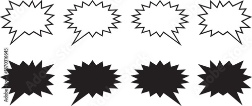 Comic explosion burst shape set with jagged star outlines and solid forms. Dynamic pop art impact shapes highlight emphasis, sound effects, and action moments. Ideal for comics, stickers, posters, and
