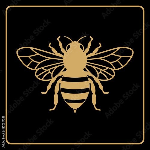 Luxury golden honey bee icon on black background. Elegant imperial insect emblem in gold line art for premium brand identity.