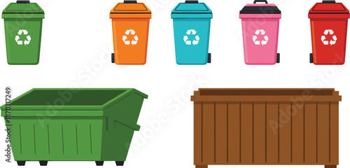 Recycling Bin and Trash Container Vector Set with Colorful Waste Sorting Garbage Cans and Industrial Dumpsters for Environmental Design Projects