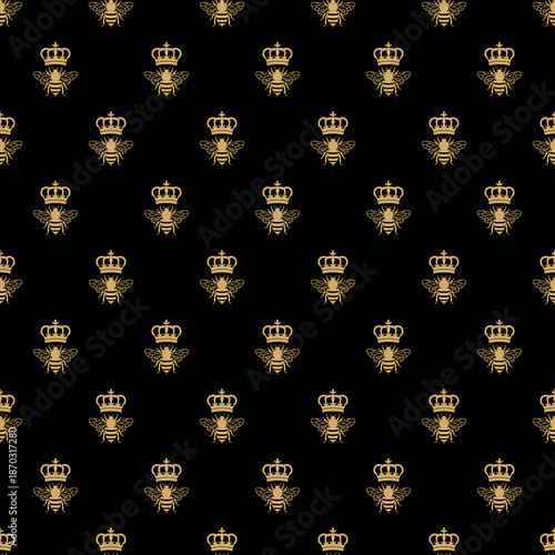 Luxury seamless pattern. Gold royal bees and crowns on black background. Elegant imperial bee textile and wallpaper design.