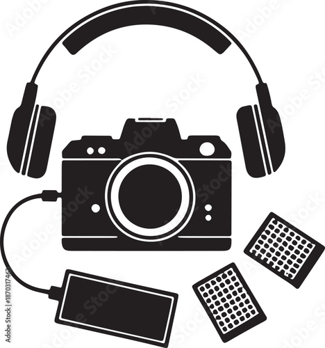 Photography and videography production gear kit flat vector silhouette icon for creative media