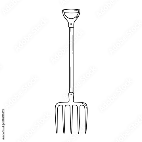 Hand Held Tool A black line art illustration of a digging tool with a D-shaped handle and a long thin shaft