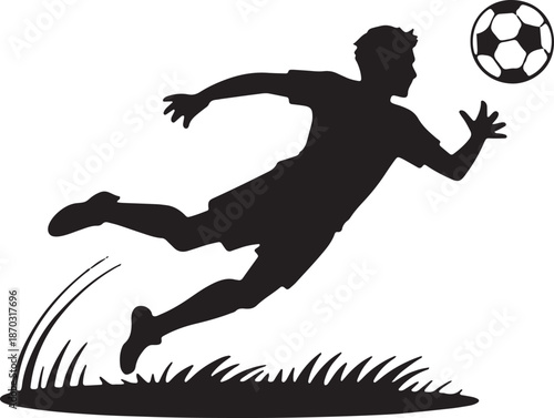 Soccer player kicking ball black silhouette vector grass field