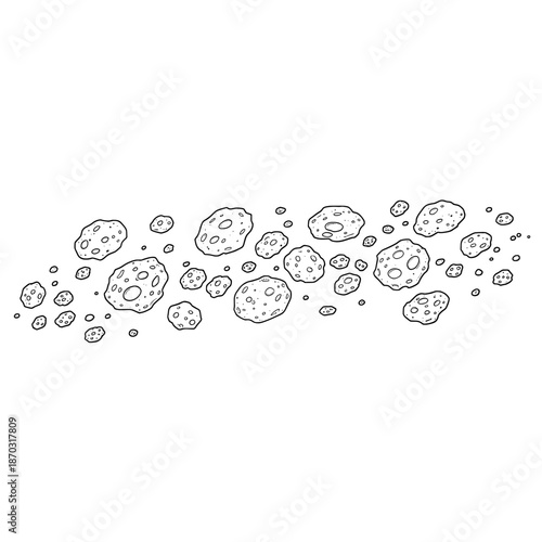 Asteroid Field Depicts celestial rocks with craters floating against empty, white space