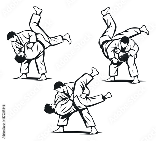 Hand drawn line art judo techniques set featuring athletes performing throws for martial arts sports