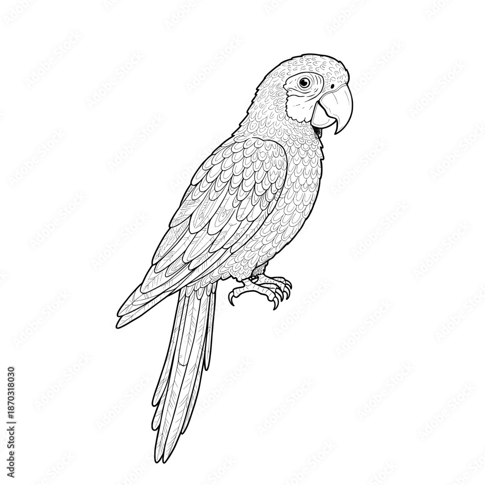 Obraz premium Detailed line drawing of a parrot with intricate feather patterns and a prominent beak