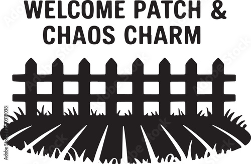 Welcome patch and chaos charm, depicting wooden fence on grassy landscape