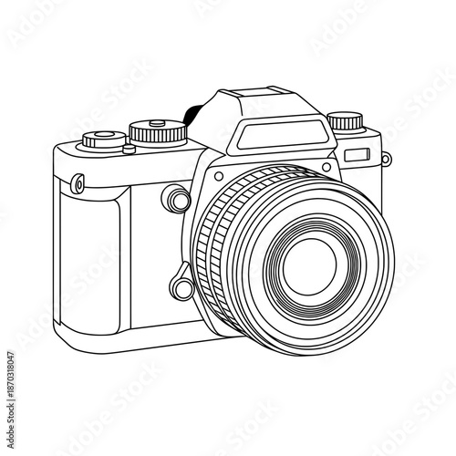 Isolated drawing of a detailed film camera with lens and circular dials on top, black and white