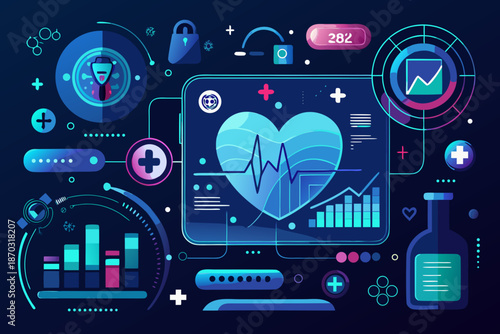 Digital healthcare interface with heart monitor and medical on dark blue background