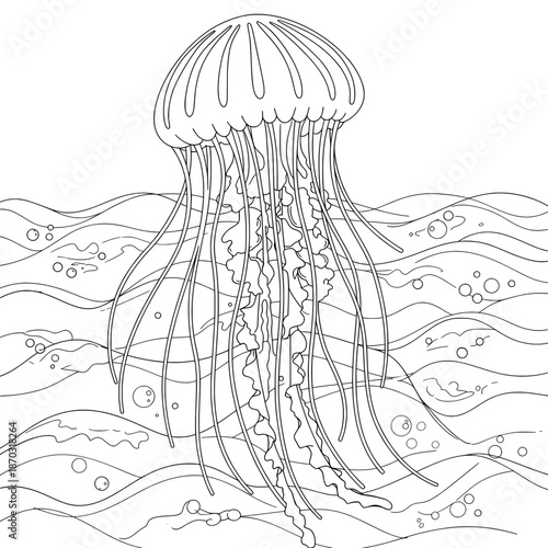 Jellyfish A detailed line art of a jellyfish swimming in a wavy ocean with bubbles