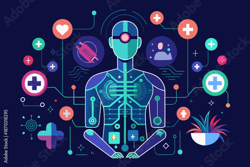 Digital human figure with medical and technology symbols connected by circuits on dark background medical symbols