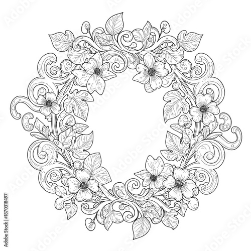 Floral Arch Intricate flowers & leaves arching over, black outline, white background