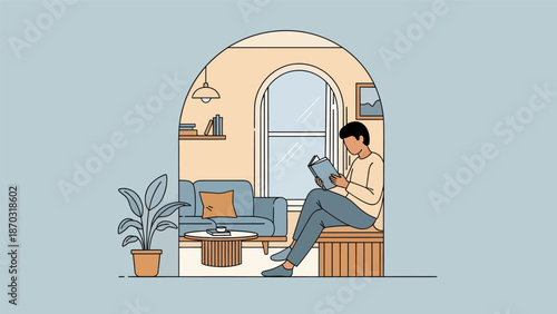 Man reading a book while sitting by the window.