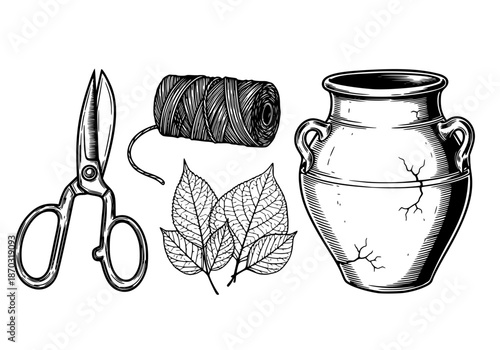 Artisan Florist Craft Tools Vector Set. Vintage Shears and Botanical Elements. 2026 Local Flavor and Craftsmanship Design.