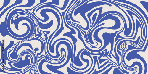 Blue wavy lines abstract background. Trendy psychedelic retro style backdrop. Waves, swirl and twirl pattern. Twisted distorted vector texture.