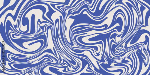Blue wavy lines abstract background. Trendy psychedelic retro style backdrop. Waves, swirl and twirl pattern. Twisted distorted vector texture.