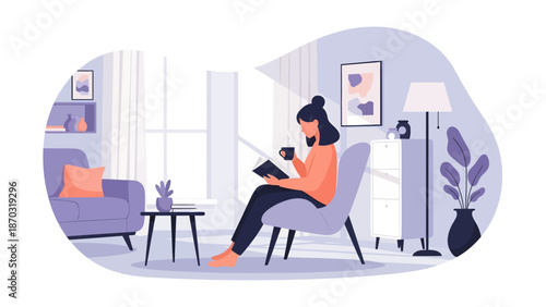 Woman enjoying a quiet moment reading a book and drinking coffee.