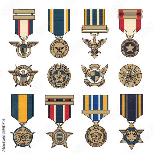 Collection of Military Medals and Ribbons with Emblems, Isolated on White Background