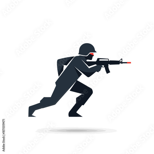 Silhouette soldier running with rifle, tactical gear, action pose, military concept
