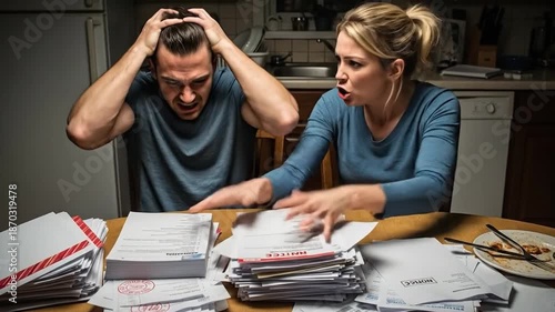 Stressed couple arguing over severe financial problems at kitchen table.