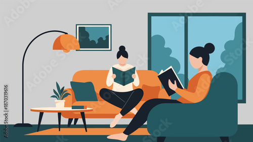 Two women reading books in a cozy living room.