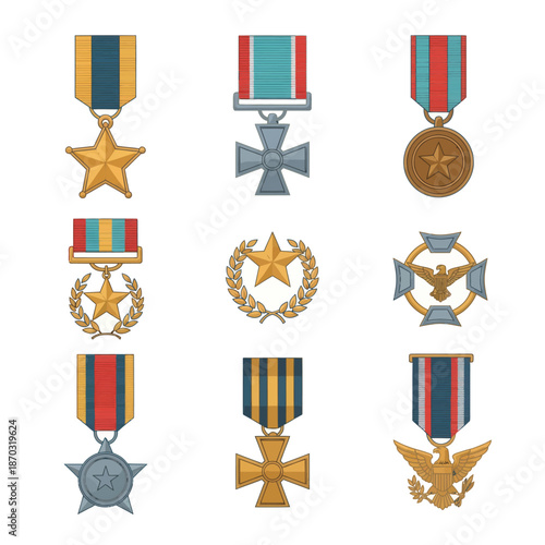 Collection of Military Medals and Awards, Decorative Ribbons and Stars, Vector Illustration