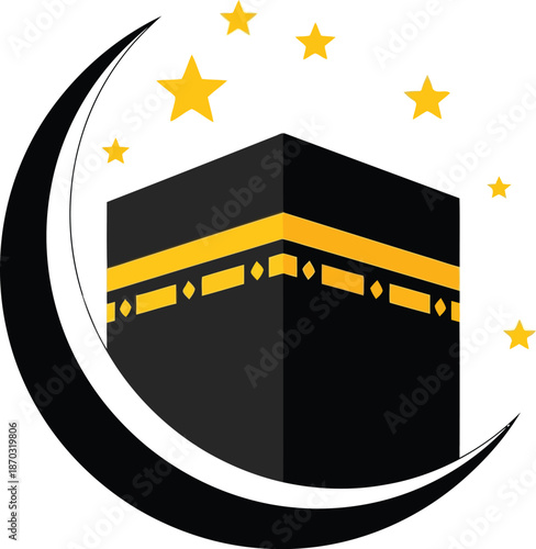 Kaaba and crescent moon with stars, a holy symbol of islam and spiritual journey