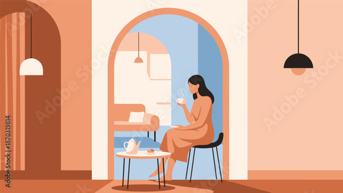 Woman enjoying a quiet moment with a cup of tea in a cozy cafe setting.