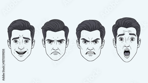 Four male faces showing different emotions like happiness sadness anger and surprise.