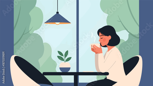 Woman enjoying a warm beverage in a cozy cafe setting.